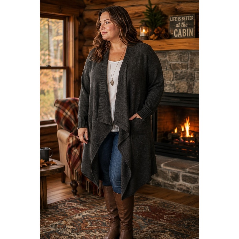 Old Navy Women's 1X Charcoal Waterfall Cardigan Open Front Asymmetrical Knit